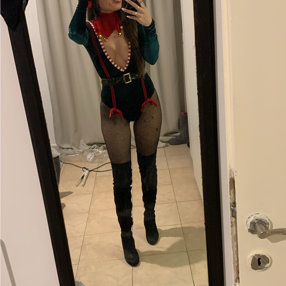 Elf velour green red white bodysuit leotard xs extra small Halloween costume